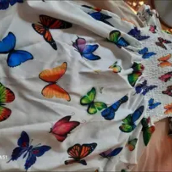 Girls Shirred Puff Sleeve Frill Trim Butterfly Pattern Party Dress Kids Summer C - Picture 2 of 5